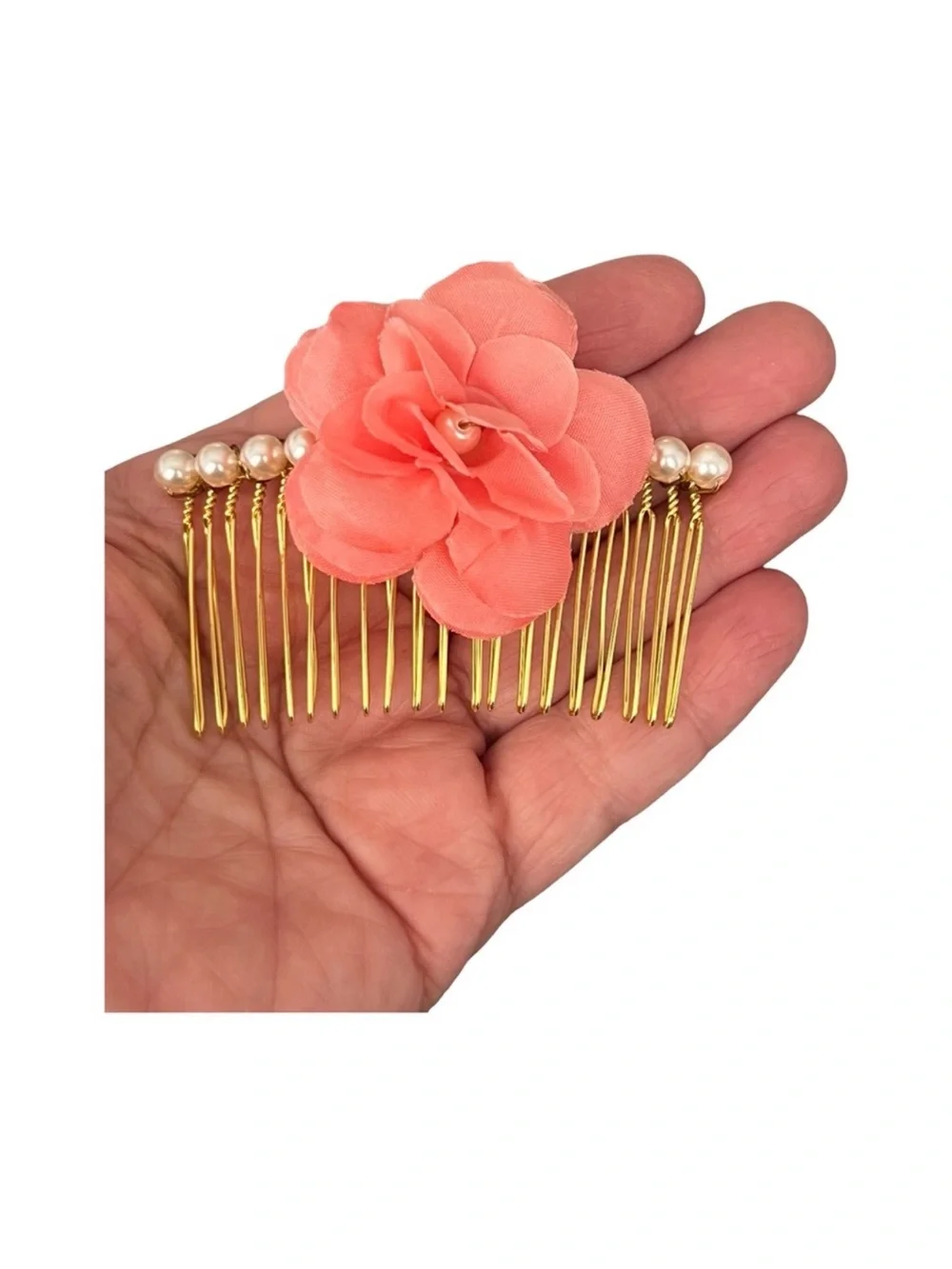 Gold Hair Comb with Coral Fabric Flower and Pearls FINAL PRICE DROP
